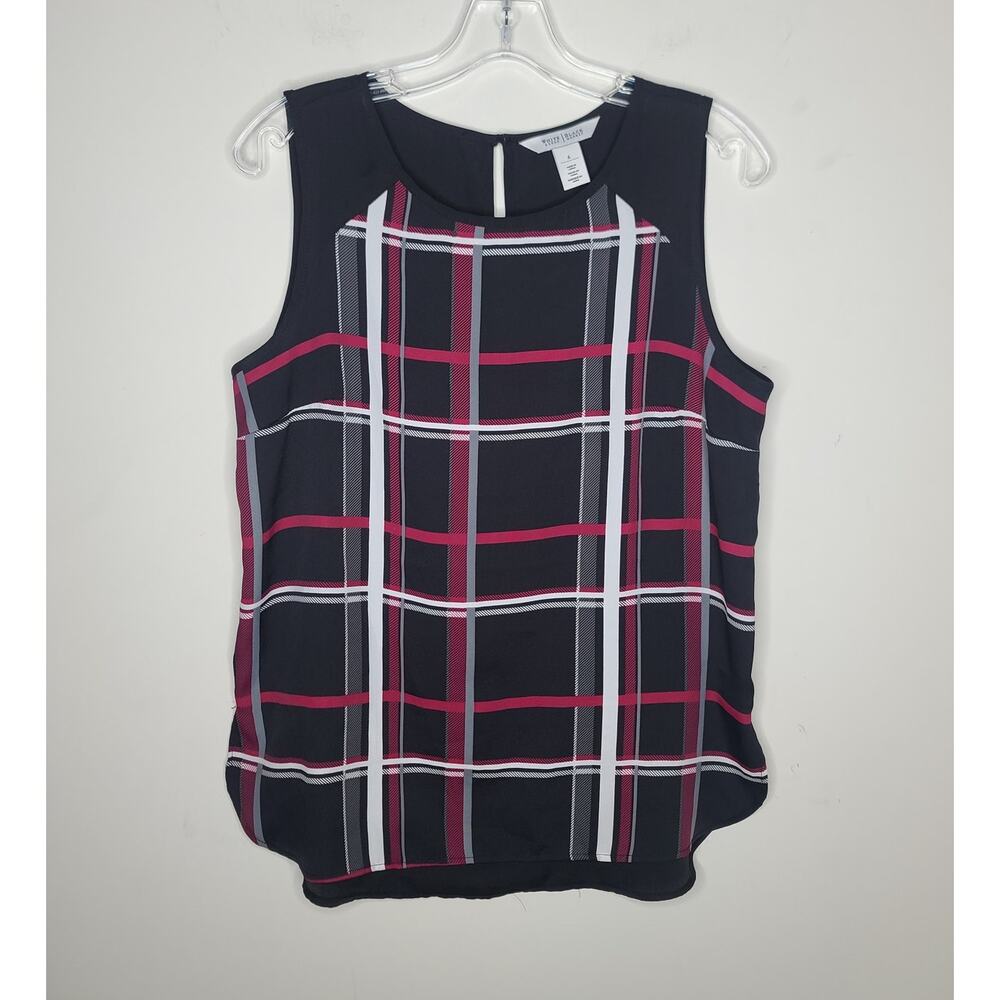 White House Black Market WHBM red black white plaid sleeveless blouse - small